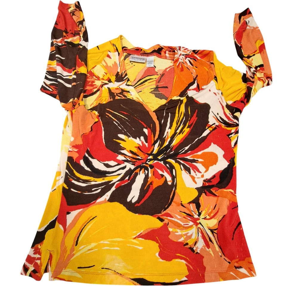 Chicos Travelers Floral V-Neck Top Yellow Orange Brown Size 1 Long Sleeve Blouse